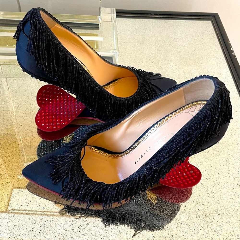 Charlotte Olympia black fringed heart pumps
